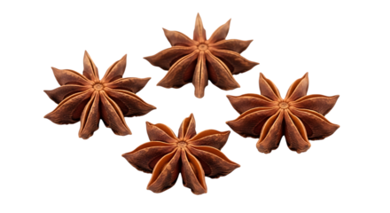 Four star anise spice pods arranged in a diamond shape isolated on transparent background
