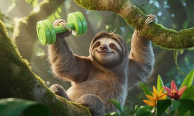 Obraz premium A cartoon sloth, in a lush jungle setting, holds a green dumbbell aloft, exuding happiness and a healthy lifestyle