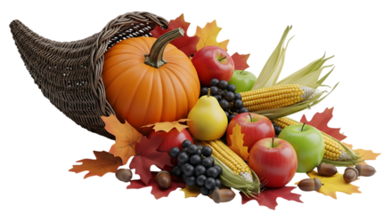 Cornucopia overflowing with autumn harvest fruits and vegetables isolated on transparent background