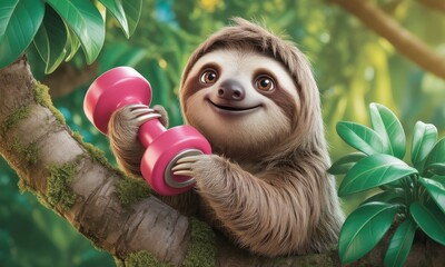 Obraz premium A cartoon sloth with a pink dumbbell, perched in a lush jungle