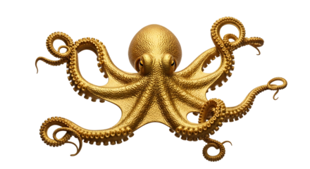 Golden octopus sculpture isolated on transparent background