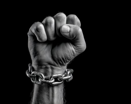 Powerful black and white image of a clenched fist with chained wrist symbolizing strength