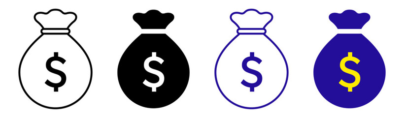 Set of money bag icons with dollar sign, outline and solid styles, isolated on transparent vector 