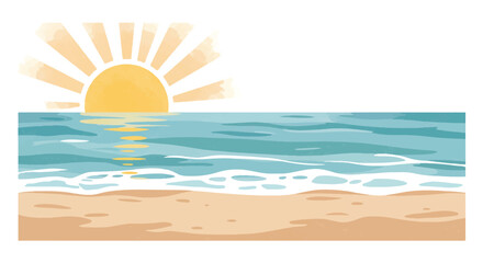 A peaceful flat 2D vector watercolor painting style beach landscape featuring the sun brightly shining over the serene ocean water, isolated on a clean white background.