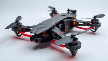 Sleek drone with red accents glows