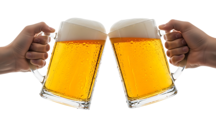 Two hands holding frothy beer mugs clinking together isolated on transparent background