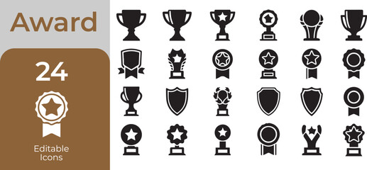 Collection of silhouettes of trophies medals and awards representing victory and achievement