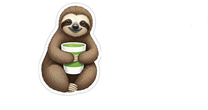 Vactor image of Sloth hugging a cup of matcha pure white background.