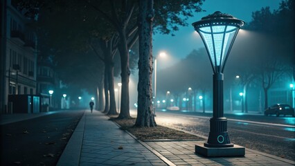 Modern street lamp illuminating a foggy city street at night