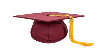 Maroon graduation cap with gold tassel isolated on transparent background