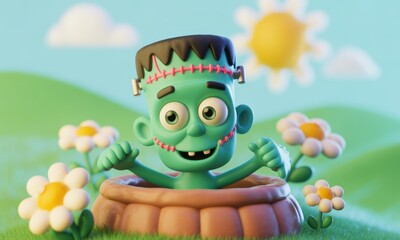 A cheerful, cartoonish Frankenstein's monster pops out of a hole in the ground, surrounded by daisies and a sunny sky