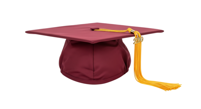 Maroon graduation cap with gold tassel isolated on transparent background