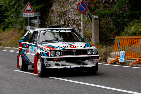 Hillclimbing motorsport, Lancia Delta HF historical vintage racing car in action during uphill race