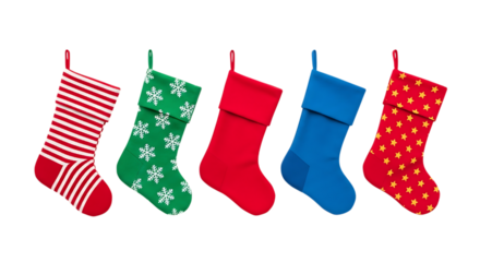 Five christmas stockings hanging in a row isolated on transparent background