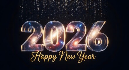 2026 Happy New Year galaxy nebula cosmic background with glitter celebration