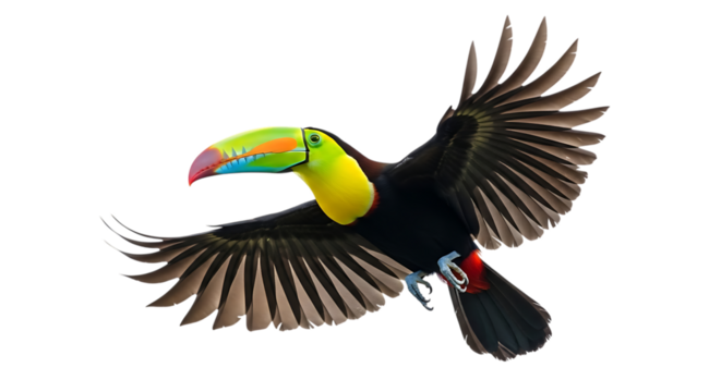 Keel billed toucan in flight isolated on transparent background