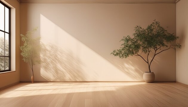 modern empty room with sunlight and tree shadow interior background mockup with beige plaster wall and wooden floor minimalist living room scene