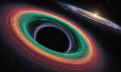 A colorful black hole with a ringed accretion disk and a distant spiral galaxy