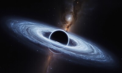 A cosmic illustration features a supermassive black hole surrounded by an accretion disc and galaxy