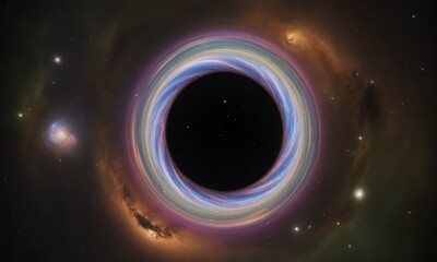 A cosmic illustration of a black hole with a colorful accretion disk and surrounding galaxies
