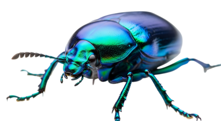 Iridescent blue green beetle insect macro photography isolated on transparent background