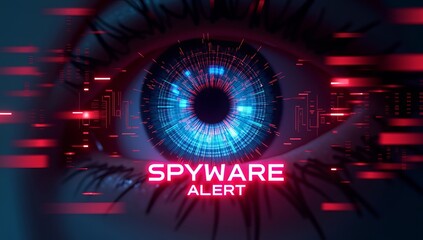A close-up of an eye with digital overlays, emitting a high-tech, futuristic feel. The text 'SPYWARE ALERT' is prominent.