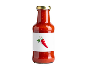 Isolated chili sauce glass bottle with label on white background, hot and spicy condiment, food packaging design, gourmet liquid seasoning, fiery flavor.