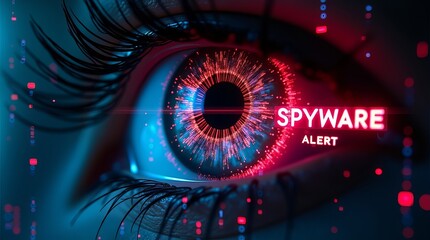 Futuristic digital eye with vibrant colors and 'SPYWARE ALERT' notification.