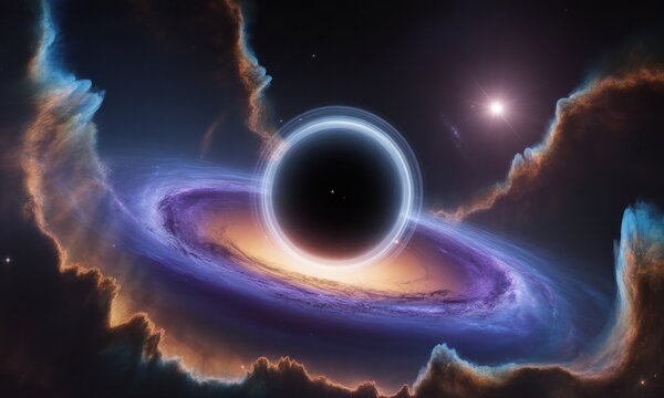 A cosmic vista a black hole surrounded by an accretion disk and nebulae, with a bright star