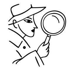 Woman detective with magnifying glass - minimalist comic sketch 
