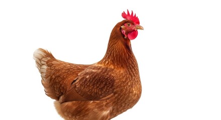 Fototapeta premium Brown domestic hen with red comb isolated on white background