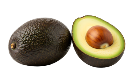 Whole and halved avocado isolated on transparent background