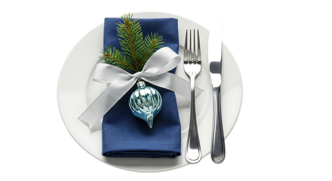Elegant christmas table setting with blue napkin and ornament isolated on transparent background