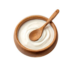 Yogurt in a wooden bowl with wooden spoon isolated on transparent background