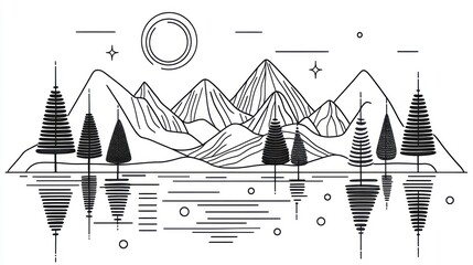 Outline of trees, mountains, water, moon, and stars, for design use