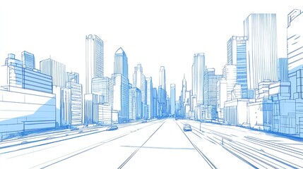 Cityscape sketch, highway perspective, urban planning design, background buildings