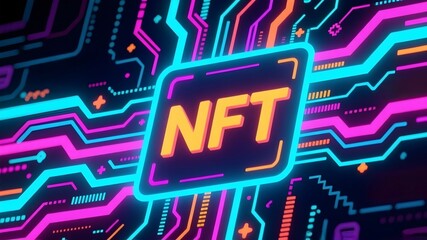 A futuristic neon illustration featuring the acronym "NFT" amidst microchip circuits glowing in magenta, orange, and cyan.
