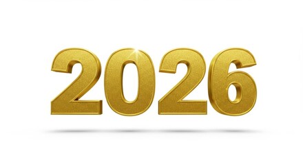 Shiny golden glitter 2026 year text with subtle shadow on white background, celebrating new beginnings and milestones