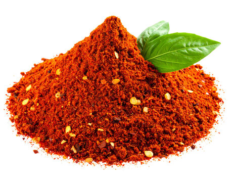 Isolated pile of chili spice mix on white background, dried hot pepper flakes and seeds, seasoning for international cuisine, intense flavor.