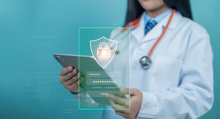 Female doctor using tablet with login shield icon, illustrating medical data security,...