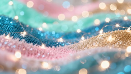 Abstract festive background with glowing fairy lights on a colorful knitted texture. Cozy winter holiday scene with glitter and bokeh effect