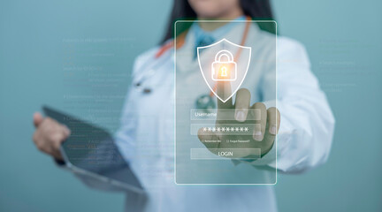 Female doctor using tablet with login shield icon, illustrating medical data security,...