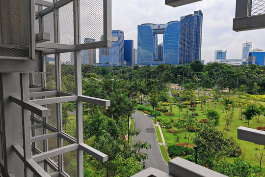 Top view of Queen Sirikit Park and BTS building by Bird Watch Tower, Bangkok