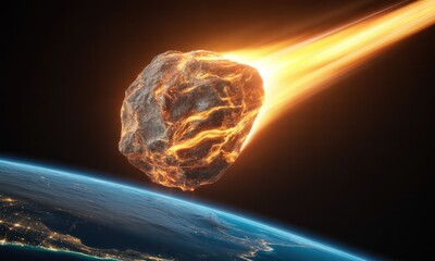 A flaming meteor streaks across a dark sky, heading toward a glowing, blue and earth