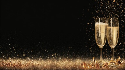 Elegant celebration scene with sparkling champagne flutes, shimmering golden confetti, and festive decorations creating a joyful atmosphere for special occasions