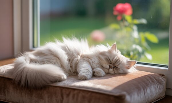 A fluffy, white cat snoozes on a window seat with a rose bush in the background