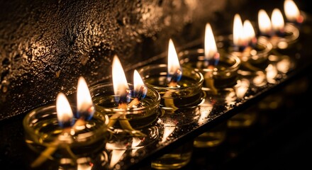 Evocative Hanukkah scene featuring oil lamps flickering warmly, ideal for holiday promotions, religious content, or cultural events. Celebratory, bright, Jewish tradition. 