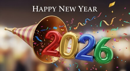 Happy New Year 2026 party horn with colorful confetti and metallic numbers celebration