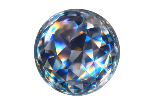 Abstract faceted crystal sphere reflecting colorful light