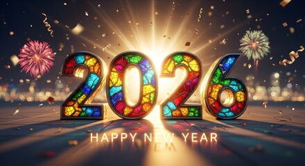 Happy New Year 2026 Stained Glass Numbers with Fireworks and Confetti colorful